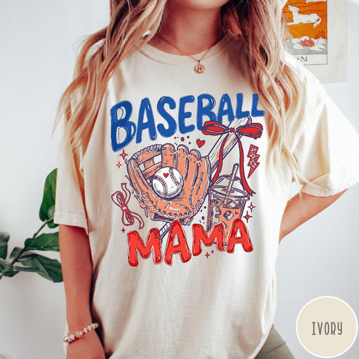 Comfort Colors tee in Ivory featuring baseball design with glove, ball, iced coffee, and red bow graphic