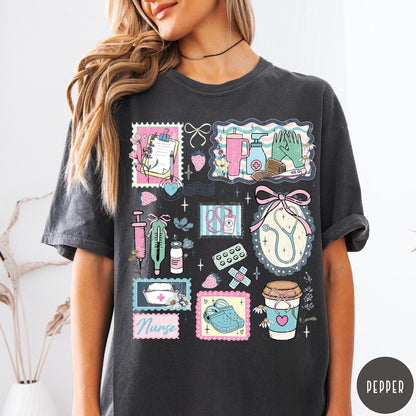 Comfort Colors tee in Pepper featuring collage style nursing profession graphic with medical supplies and floral accents