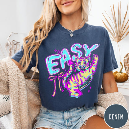 Comfort Colors tee in Denim featuring retro style graphic of a tiger with blue and orange colors