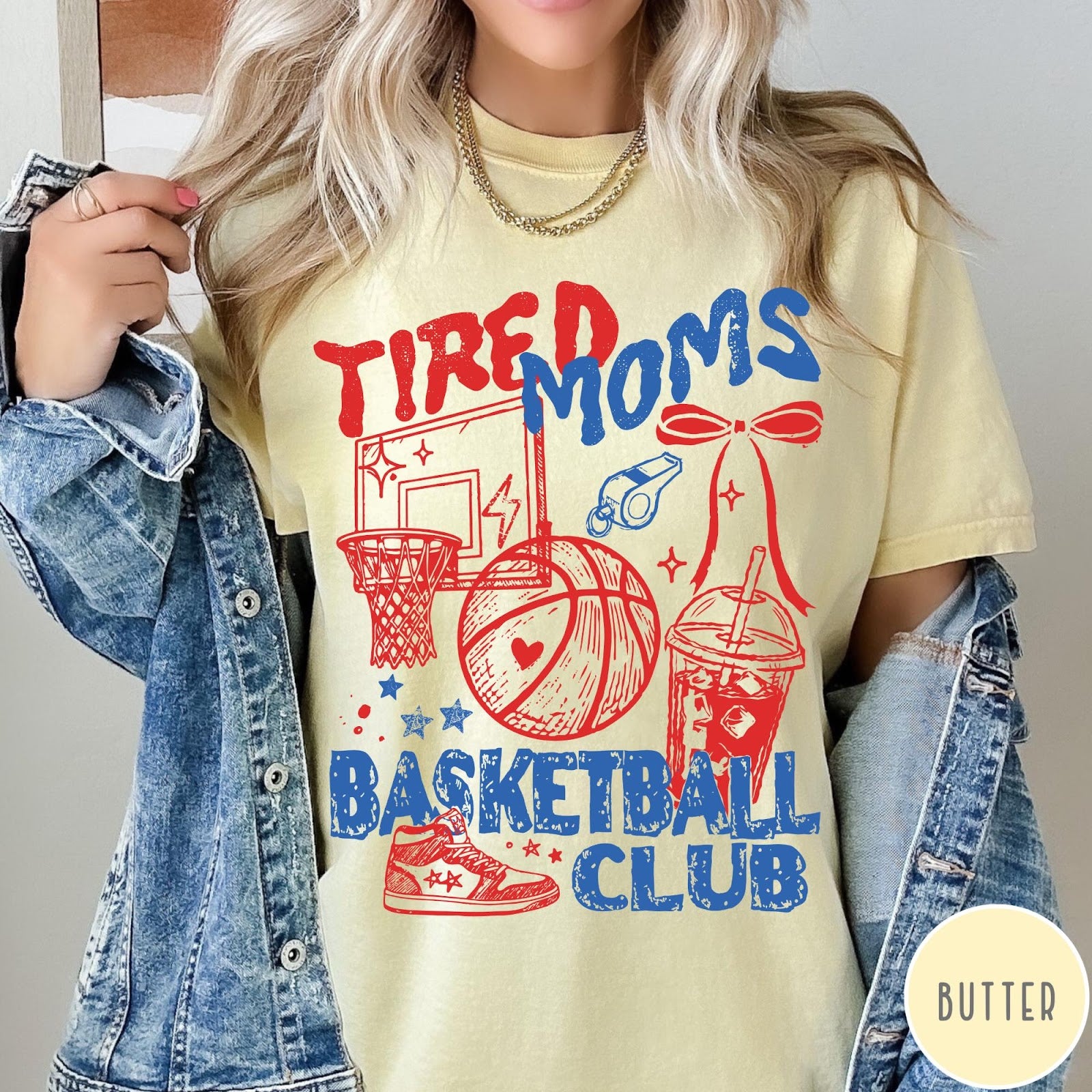 Comfort Colors tee in Butter featuring basketball mom life graphic with basketball, hoop, whistle, and drink illustration