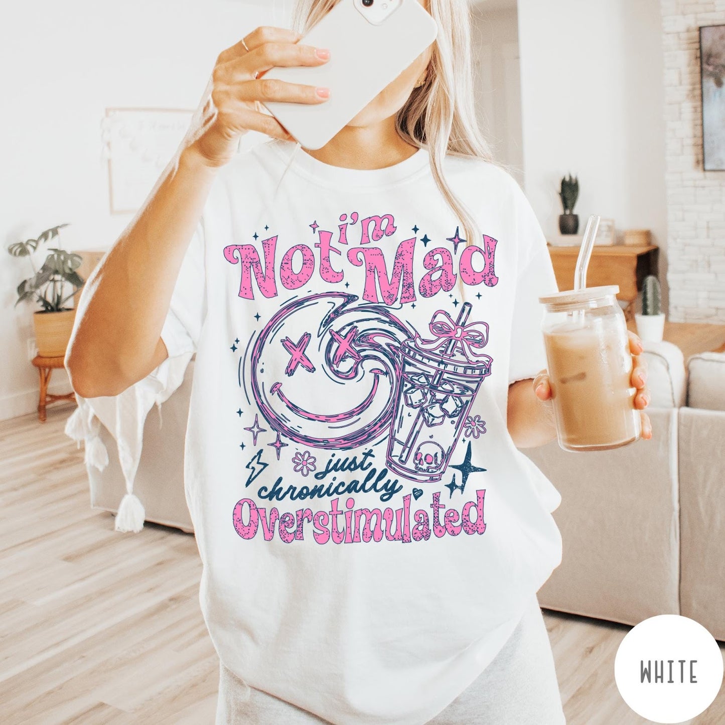 Comfort Colors tee in White featuring retro graphic design with smiley face and iced coffee cup illustration