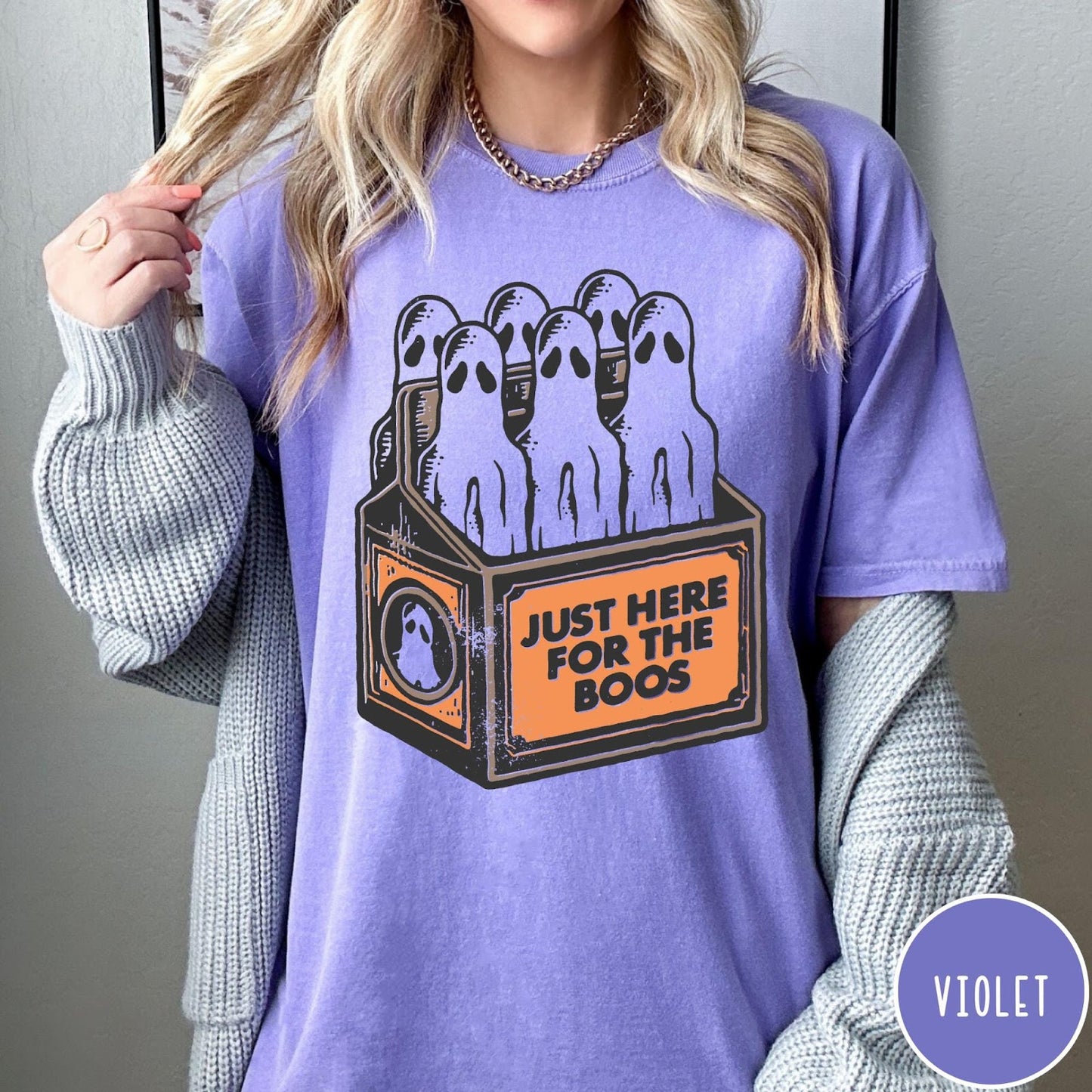 Comfort Colors tee in Violet featuring vintage style graphic of ghosts in a milk carton crate