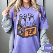 Comfort Colors tee in Violet featuring vintage style graphic of ghosts in a milk carton crate