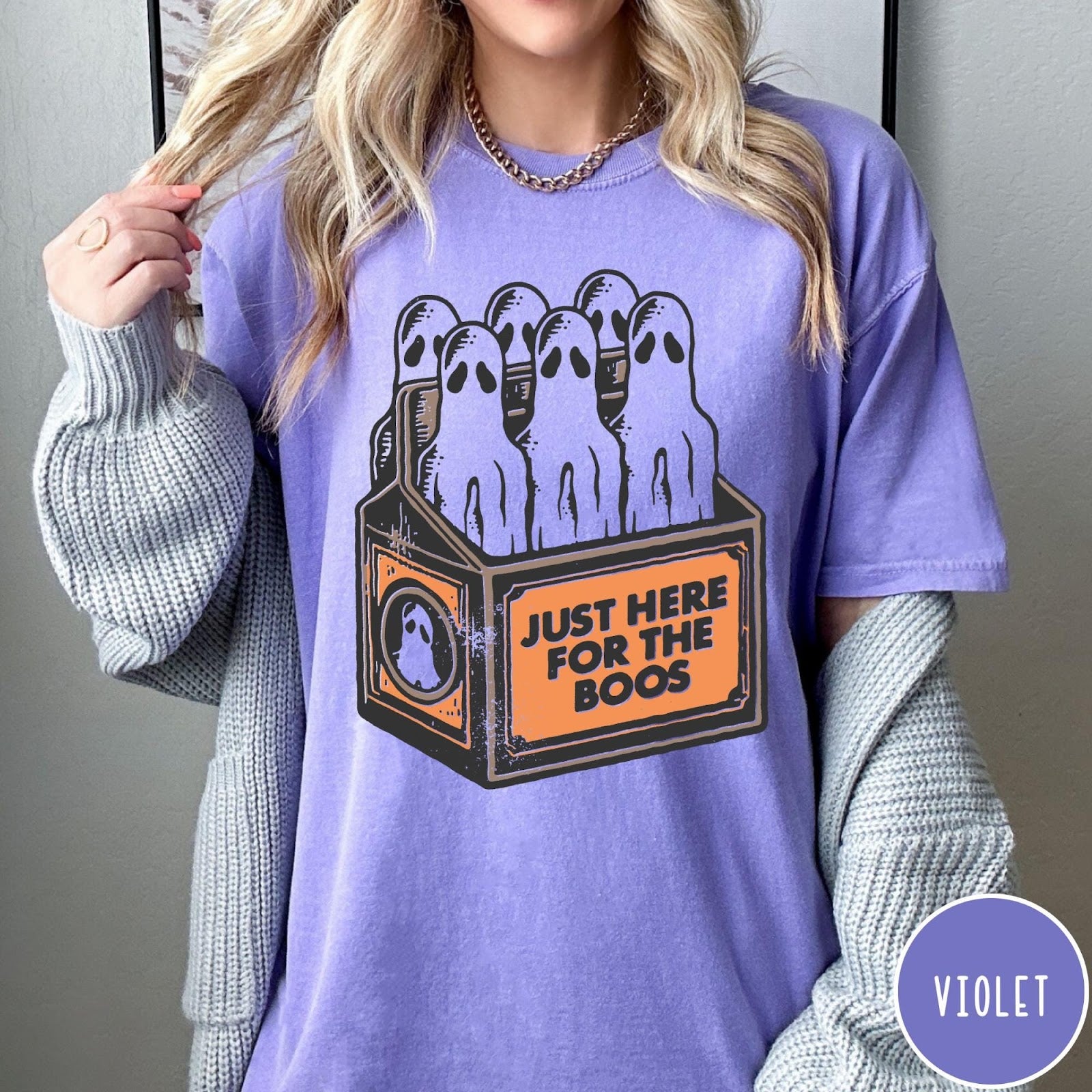 Comfort Colors tee in Violet featuring vintage style graphic of ghosts in a milk carton crate