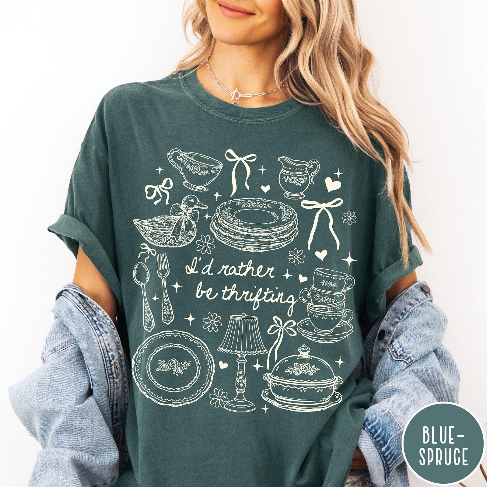 Comfort Colors tee in Blue Spruce featuring line art style thrifting and antique home goods graphic design