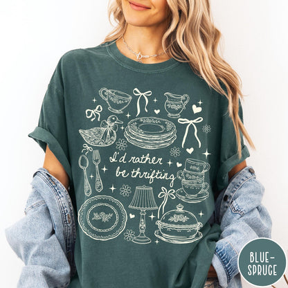Comfort Colors tee in Blue Spruce featuring line art style thrifting and antique home goods graphic design