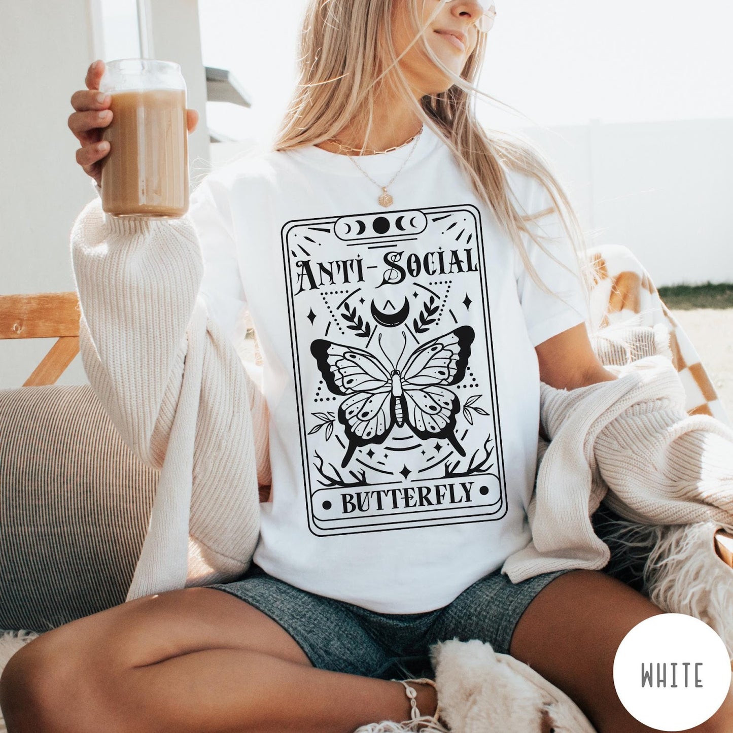 Comfort Colors tee in White featuring tarot card style graphic with butterfly and celestial moon phase design