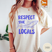 Comfort Colors tee in Ivory featuring sketch style shark graphic with Respect the Locals text design