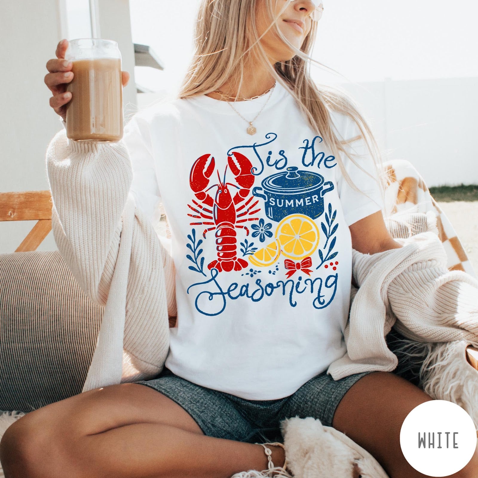 Comfort Colors tee in White featuring lobster boil graphic with lobster, pot, and lemon slices