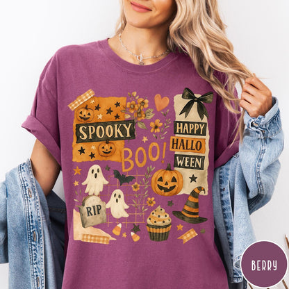 Comfort Colors tee in Berry featuring Halloween collage design with pumpkins, ghosts, and festive autumn graphics