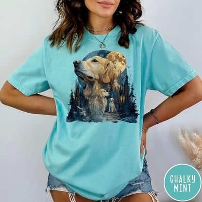 Comfort Colors tee in Chalky Mint featuring artistic graphic design of Golden Retrievers in a moonlit forest scene
