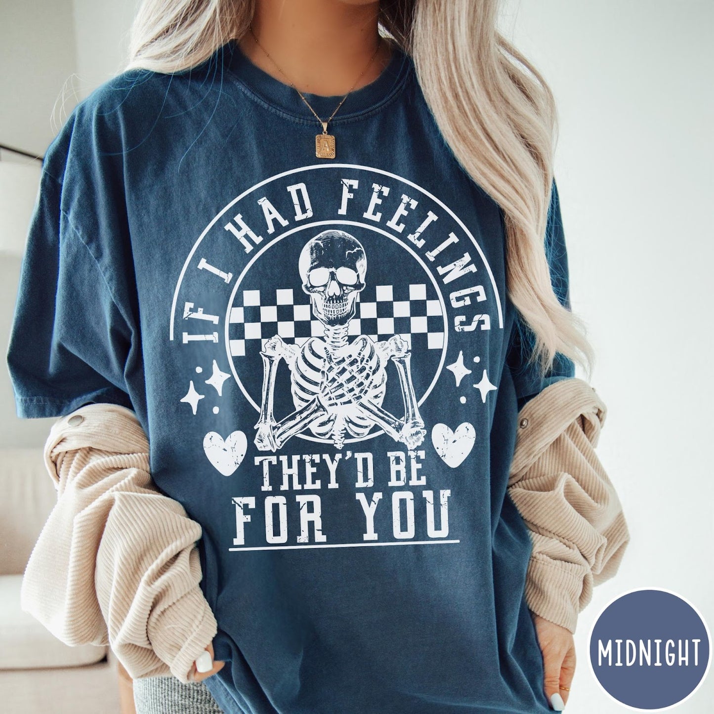 Comfort Colors tee in Midnight featuring skeleton graphic with checkered circle and If I Had Feelings text