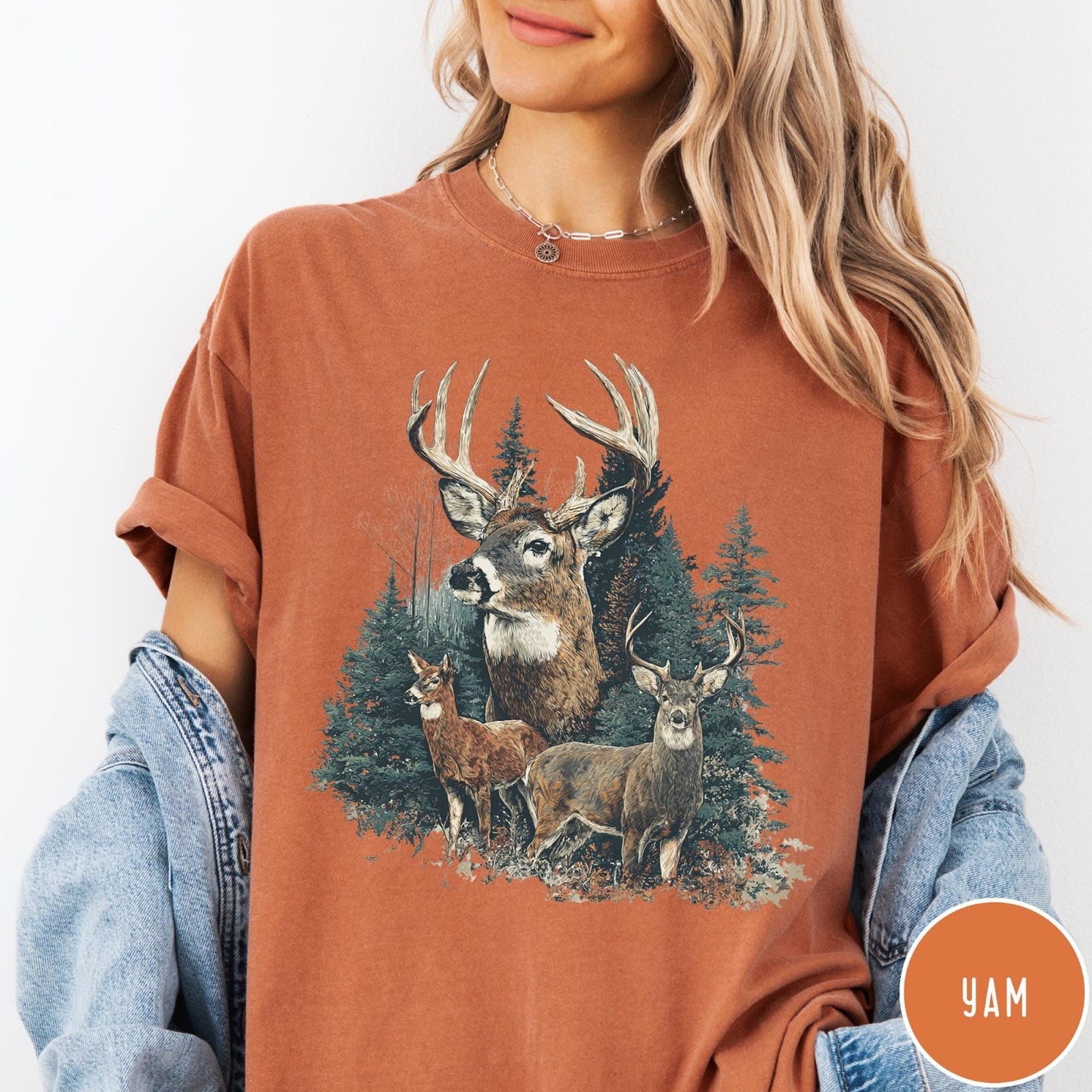 Comfort Colors tee in Yam featuring vintage style graphic of deer in a forest