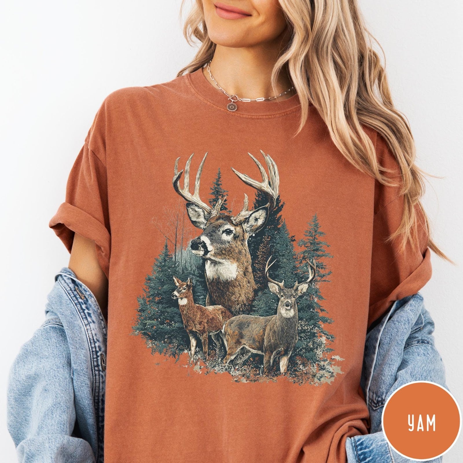 Comfort Colors tee in Yam featuring vintage style graphic of deer in a forest