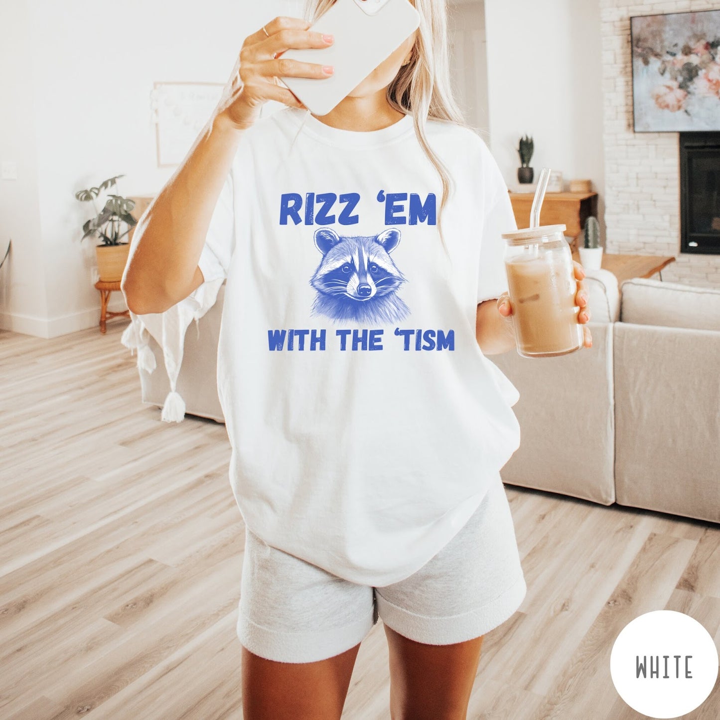 Comfort Colors tee in White featuring screen printed raccoon graphic and Rizz Em With the Tism text