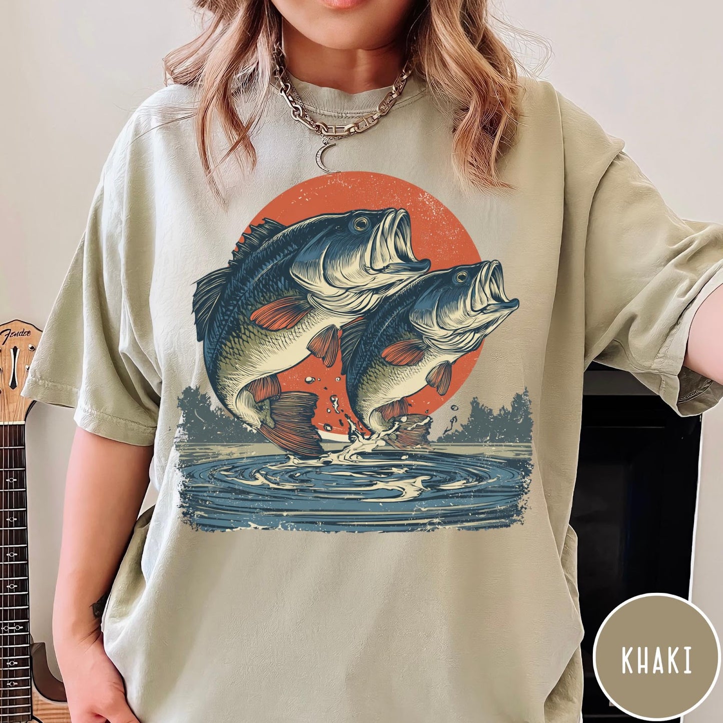 Comfort Colors tee in Khaki featuring vintage style graphic of two bass fish jumping out of water