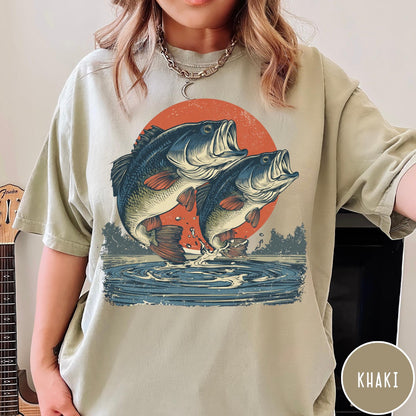 Comfort Colors tee in Khaki featuring vintage style graphic of two bass fish jumping out of water