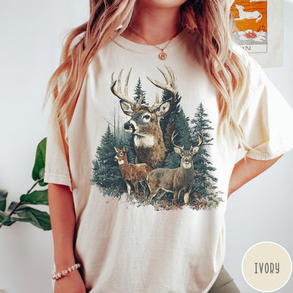 Comfort Colors tee in Ivory featuring vintage style graphic of a deer family in a forest scene