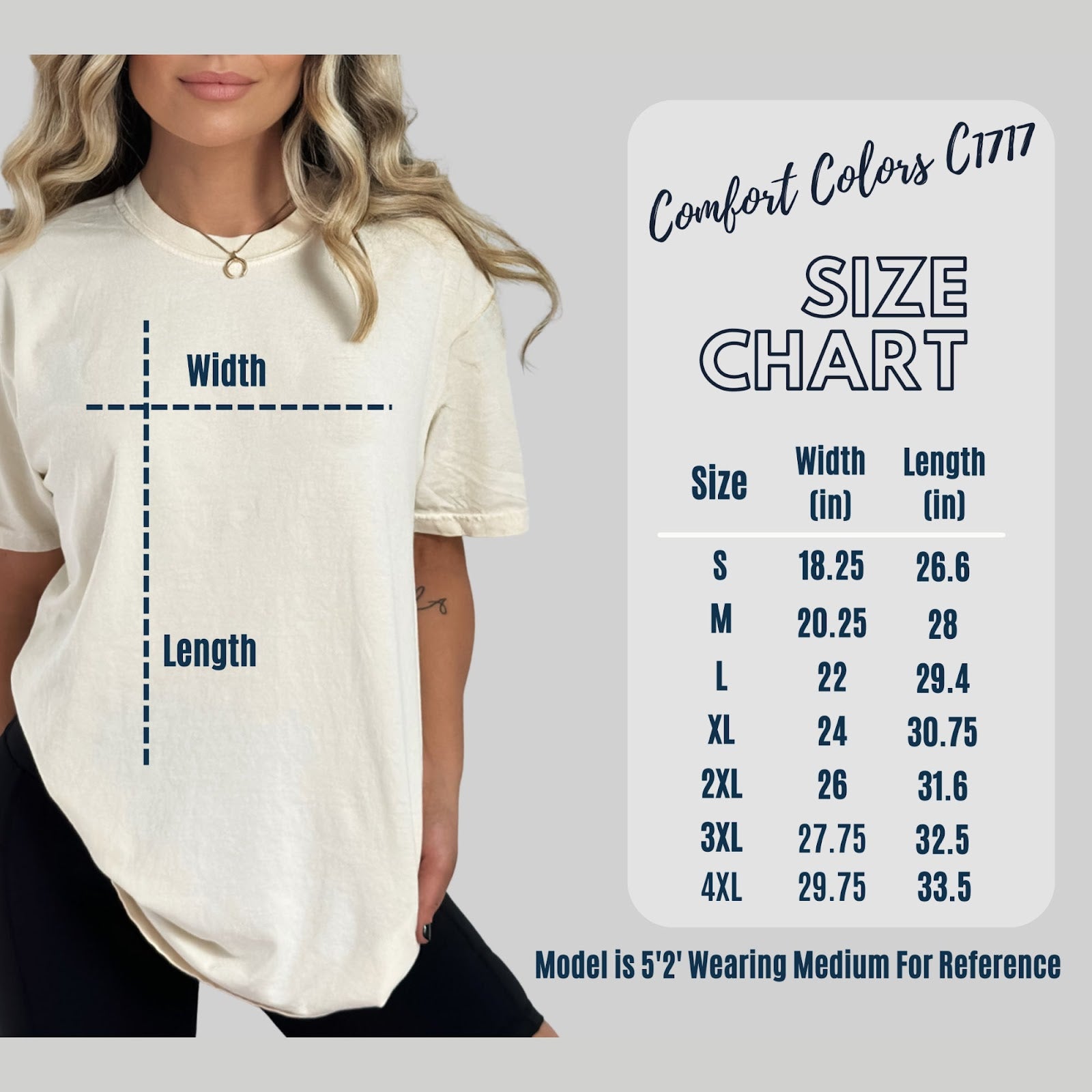 Comfort Colors 1717 size chart showing width and length measurements for sizes S through 4XL