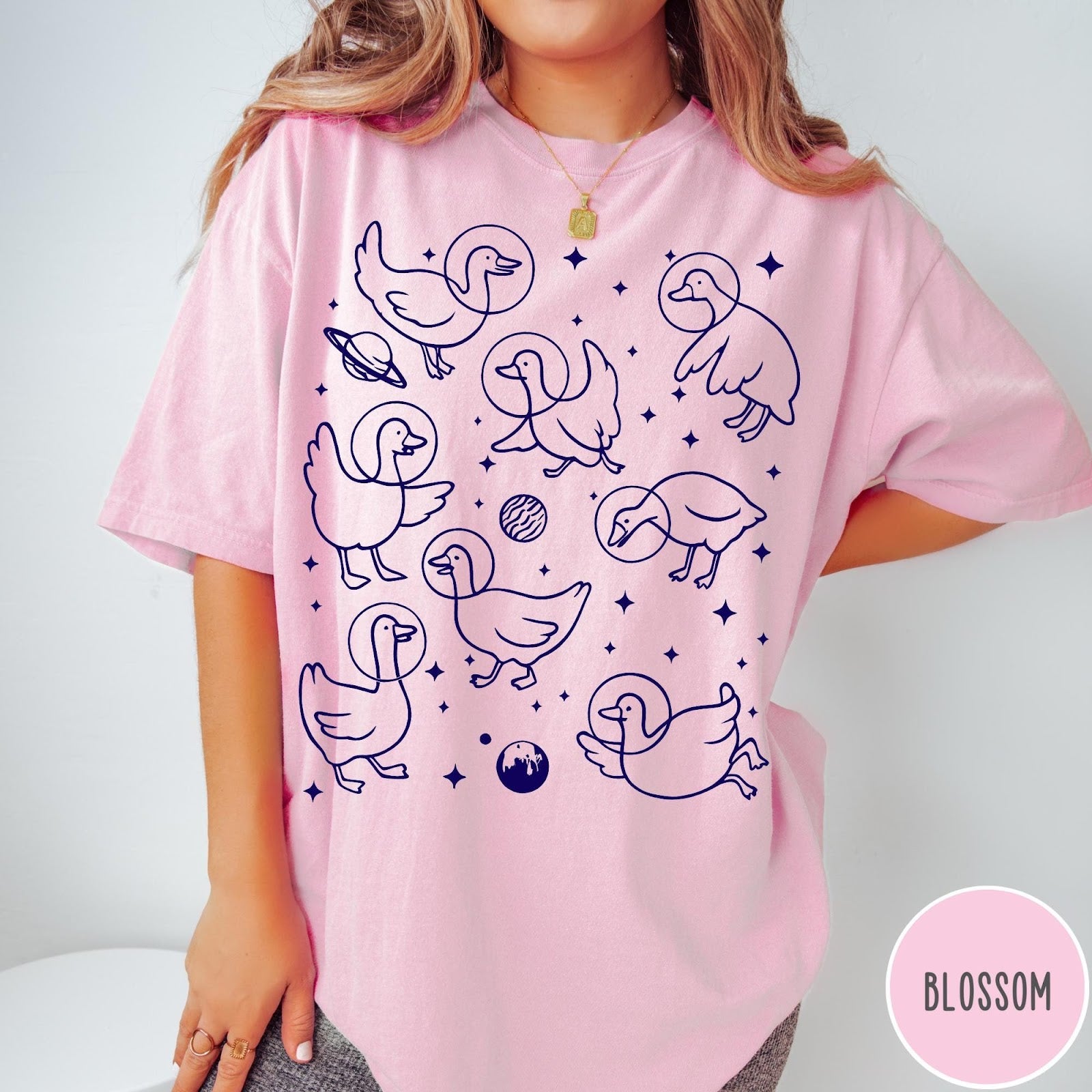 Comfort Colors tee in Blossom featuring line art graphic of multiple geese wearing astronaut helmets in space
