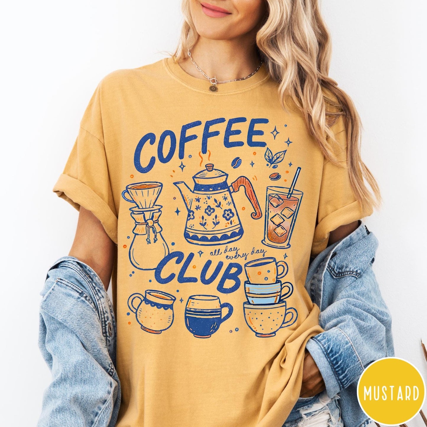 Comfort Colors tee in Mustard featuring retro graphic design with coffee pots, mugs, and iced coffee