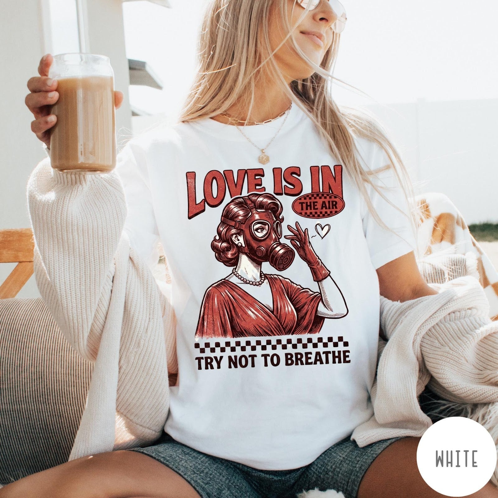 Comfort Colors tee in White featuring retro style graphic of a woman wearing a gas mask