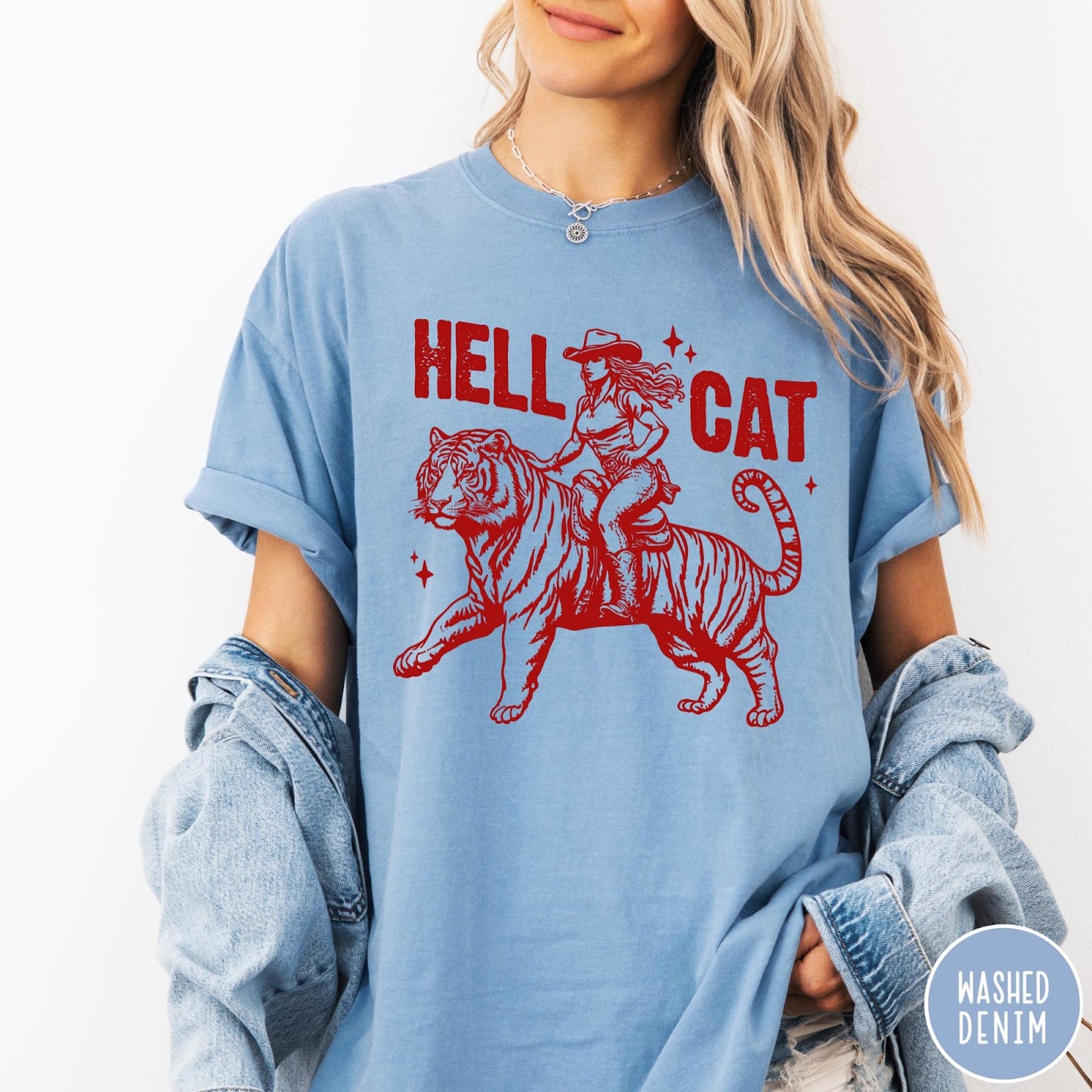 Comfort Colors tee in Washed Denim featuring western style graphic of a cowgirl riding a tiger