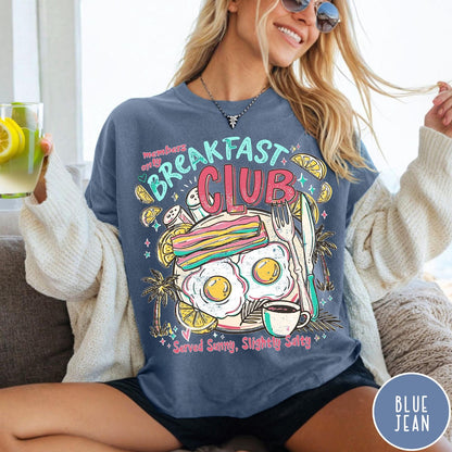 Comfort Colors tee in Blue Jean featuring retro breakfast food graphic with eggs, bacon, and coffee illustration