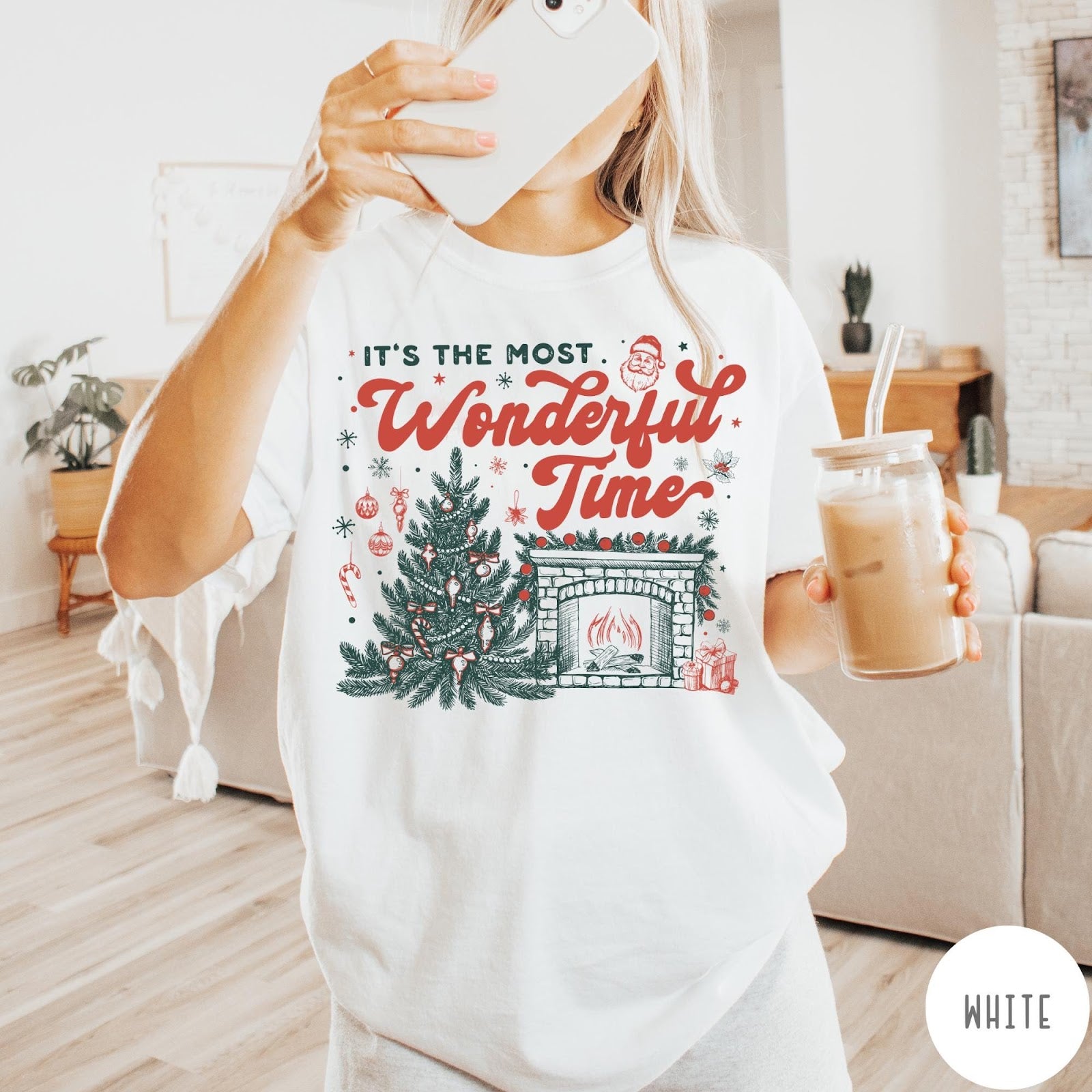 Comfort Colors tee in White featuring Christmas design with a decorated tree and a cozy fireplace scene