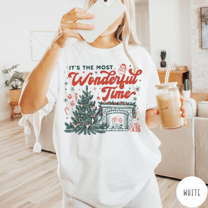 Comfort Colors tee in White featuring Christmas design with a decorated tree and a cozy fireplace scene