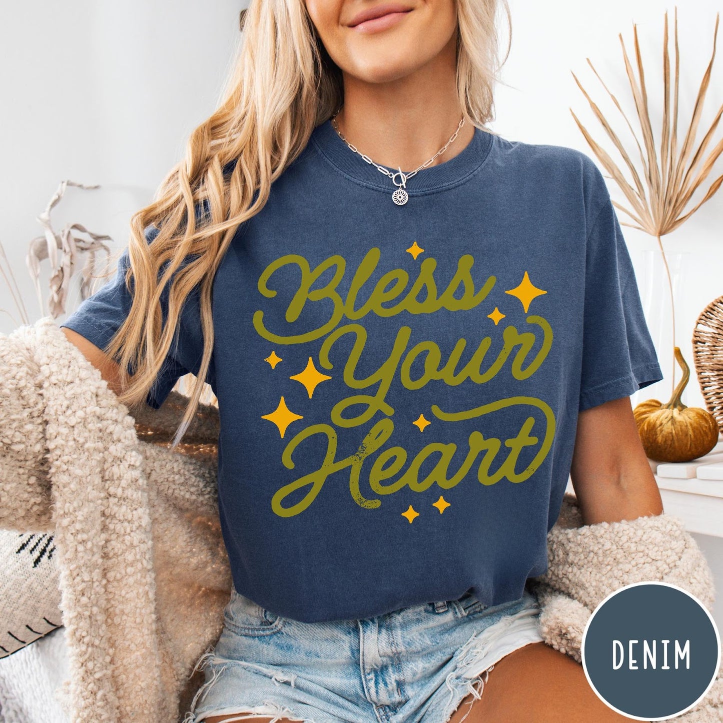 Comfort Colors tee in Denim featuring script lettering and star accents with the phrase Bless Your Heart