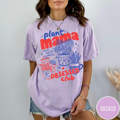 Comfort Colors tee in Orchid featuring retro style graphic with potted plants and Plant Mama Obsessed Club text