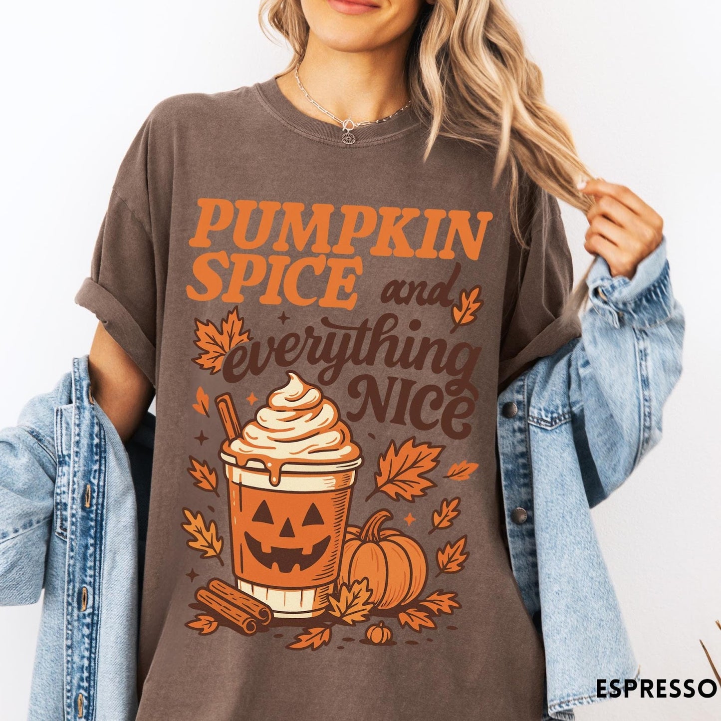 Comfort Colors tee in Espresso featuring autumn design with pumpkin spice latte and fall leaves graphic