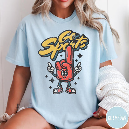 Comfort Colors tee in Chambray featuring retro mascot design with a red foam finger character and text