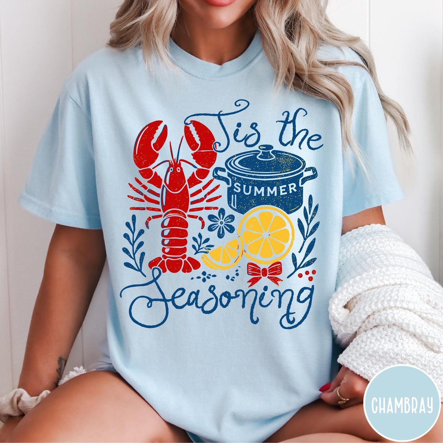 Comfort Colors tee in Chambray featuring lobster boil graphic with a lobster, cooking pot, and lemon slices.