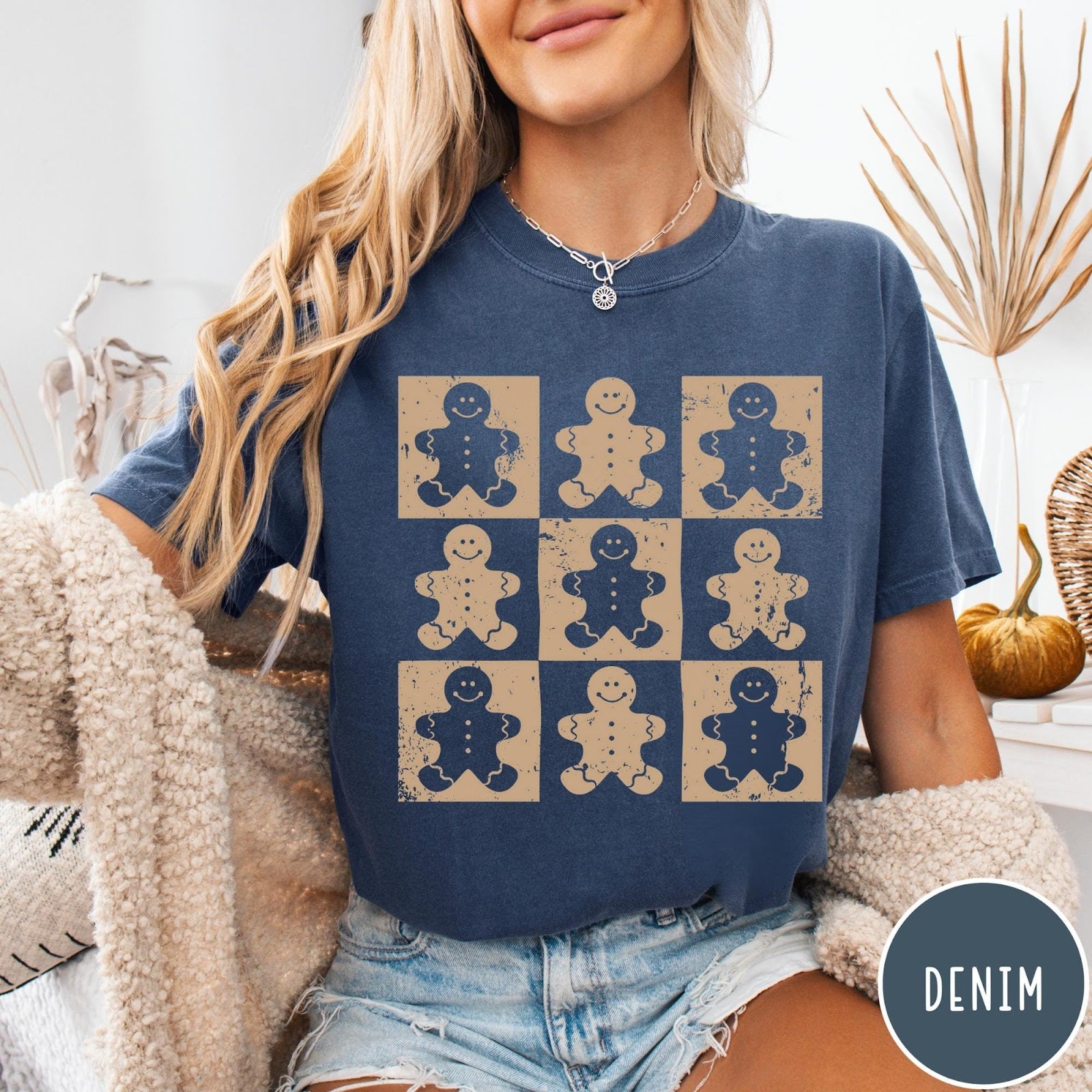 Comfort Colors tee in Denim featuring grid style graphic with alternating gingerbread man cookies in square blocks