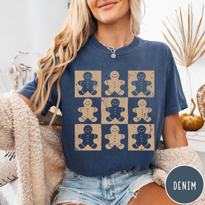 Comfort Colors tee in Denim featuring grid style graphic with alternating gingerbread man cookies in square blocks