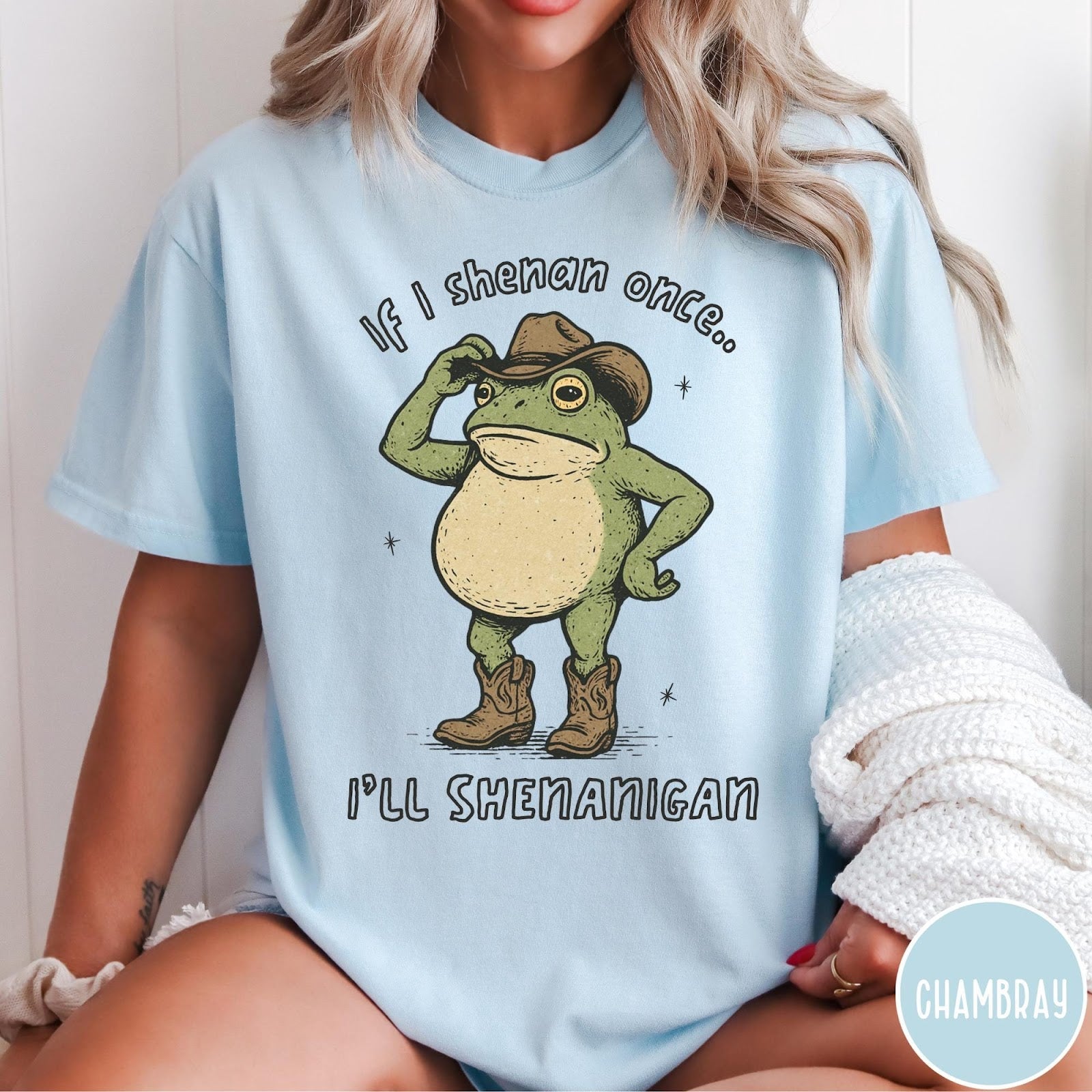 Comfort Colors tee in Chambray featuring western style graphic of a frog wearing a cowboy hat and boots