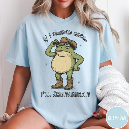 Comfort Colors tee in Chambray featuring western style graphic of a frog wearing a cowboy hat and boots