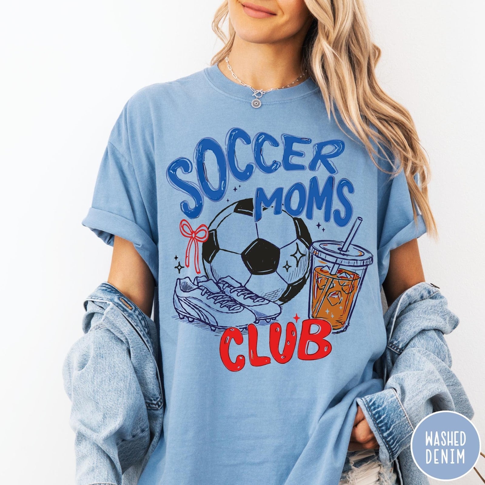 Comfort Colors tee in Washed Denim featuring soccer mom lifestyle graphic with soccer ball, cleats, and iced coffee