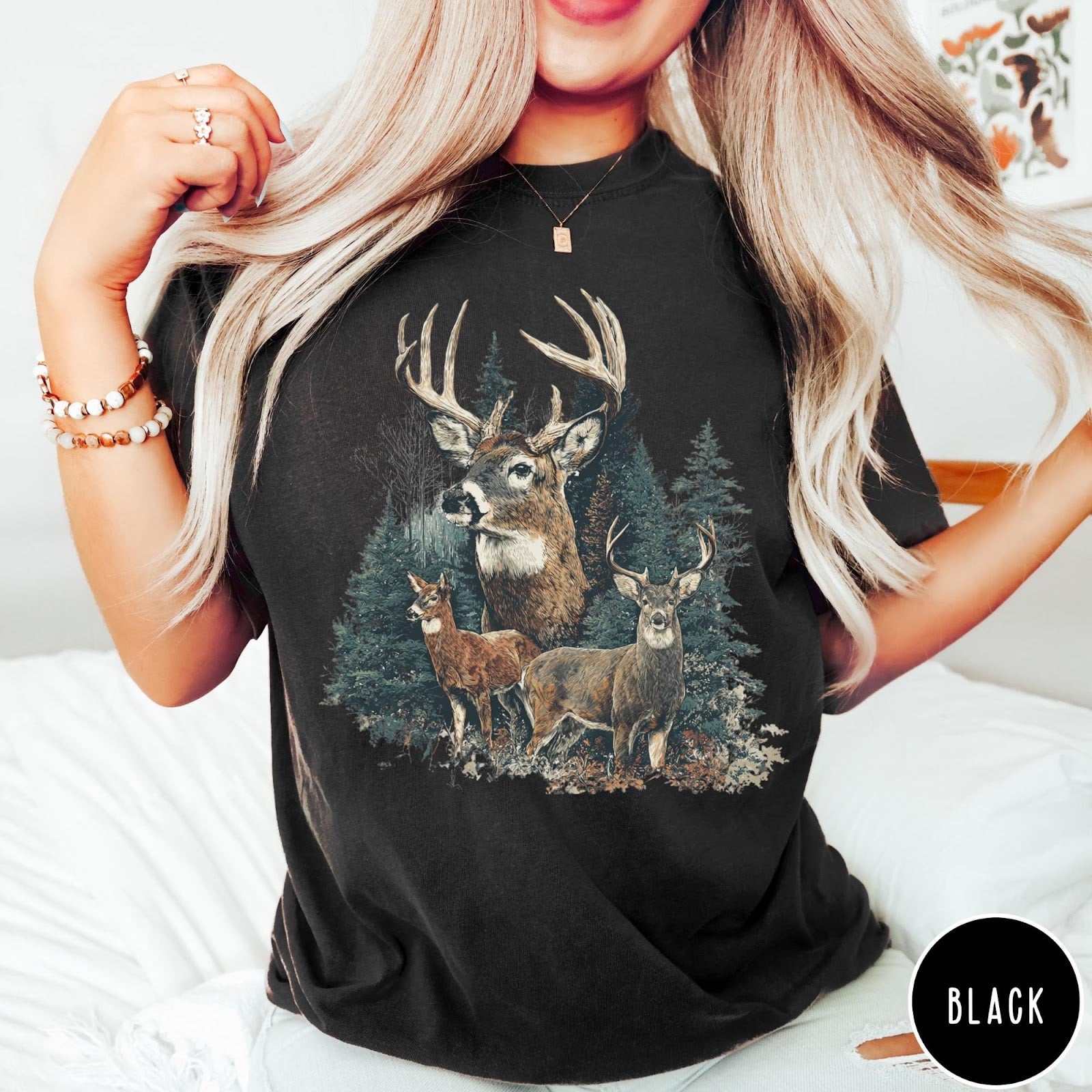 Comfort Colors tee in Black featuring vintage style graphic of deer in a forest