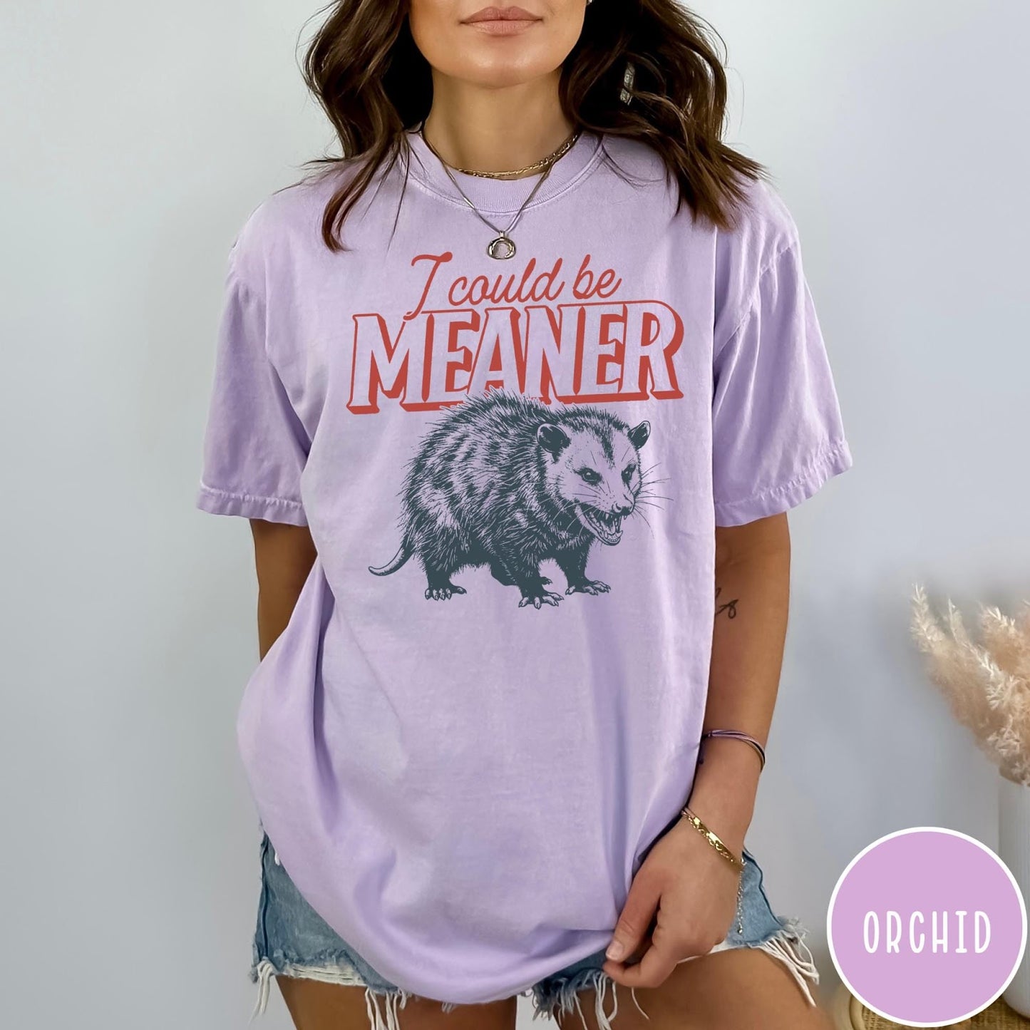Comfort Colors tee in Orchid featuring screen printed opossum graphic with text I could be meaner