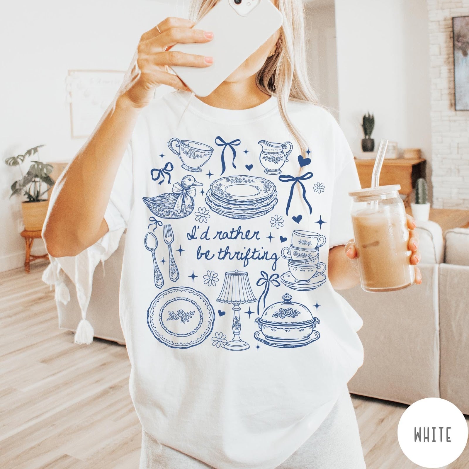 Comfort Colors tee in White featuring line art graphic of antique home goods and thrifting items