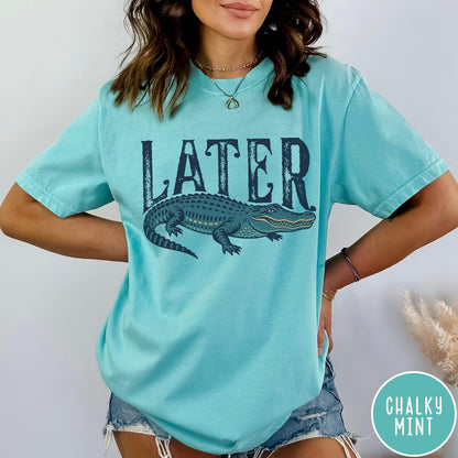 Comfort Colors tee in Chalky Mint featuring casual style with a graphic of a green alligator and text