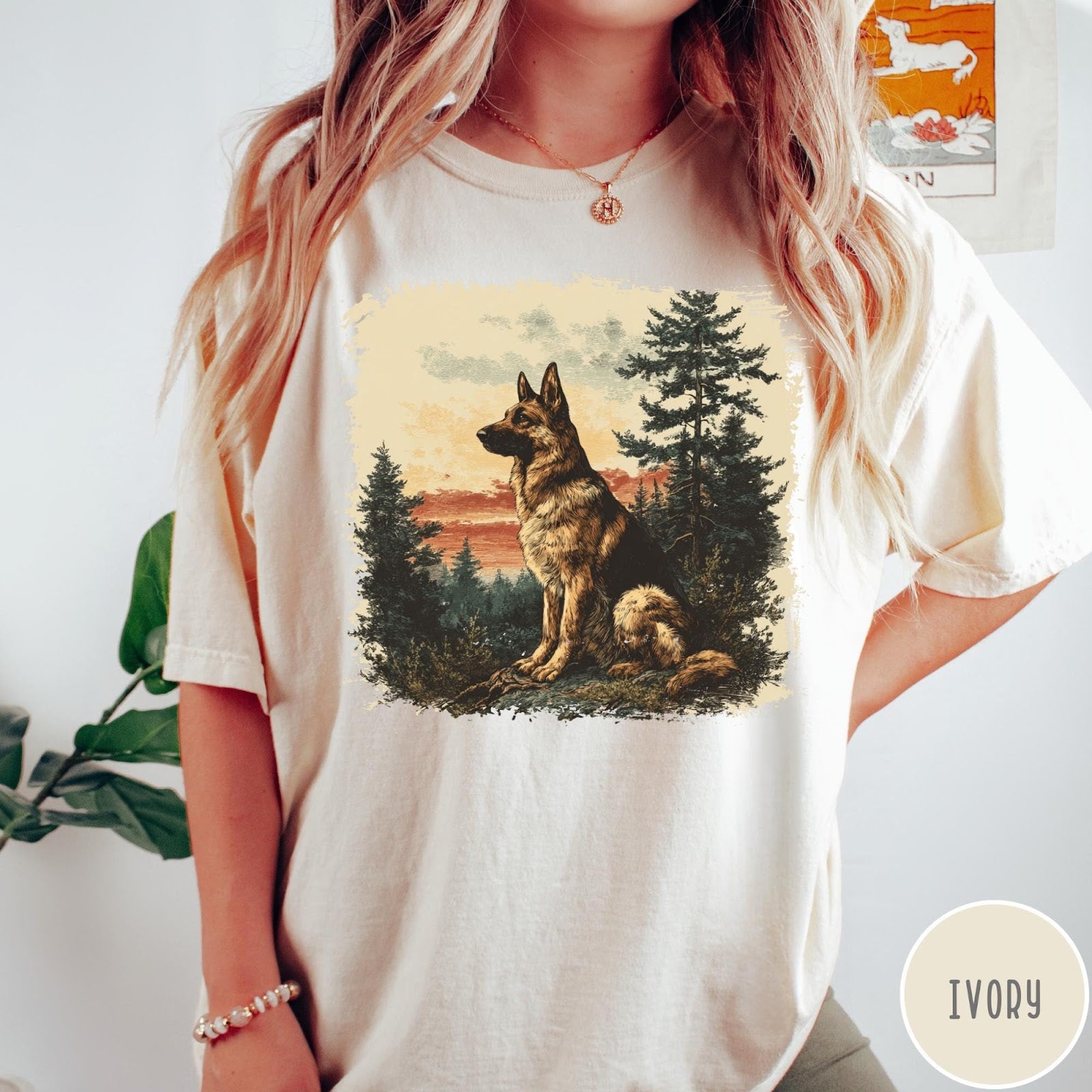 Comfort Colors tee in Ivory featuring vintage style graphic of a German Shepherd sitting in a forest