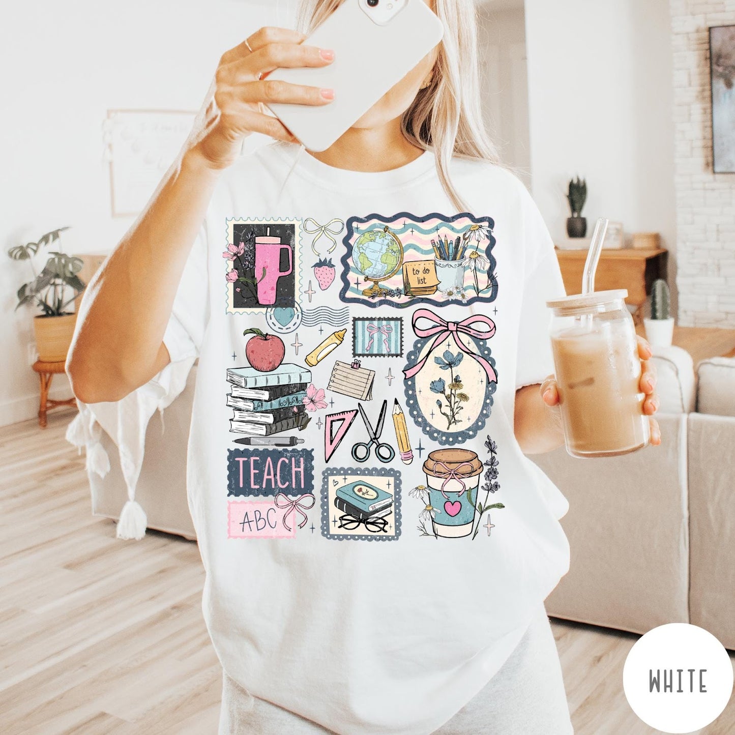 Comfort Colors tee in White featuring collage style graphic with school supplies, books, and teacher life elements