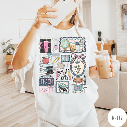 Comfort Colors tee in White featuring collage style graphic with school supplies, books, and teacher life elements