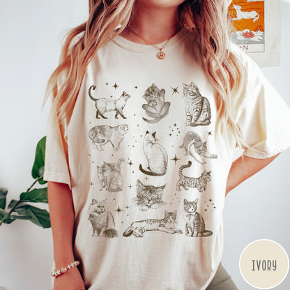 Comfort Colors tee in Ivory featuring vintage style graphic illustration of various cats and celestial stars