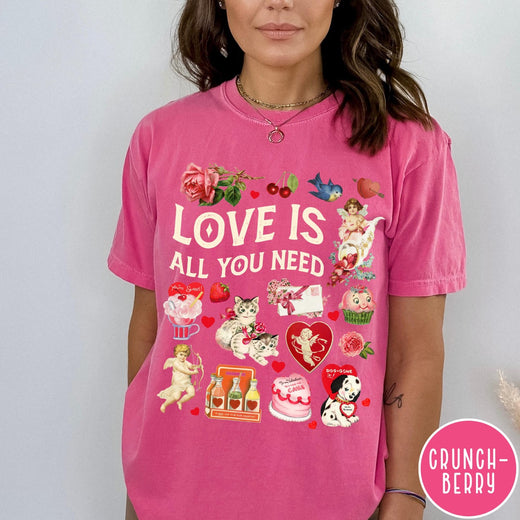 Comfort Colors tee in Crunchberry featuring Valentine's Day collage with kittens, cherubs, roses, and vintage graphic elements