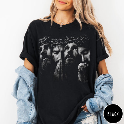 Comfort Colors tee in black featuring a realistic graphic of Jesus wearing a crown of thorns